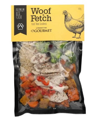 gourmet woof & fetch frozen wet dog food with chicken 500gm