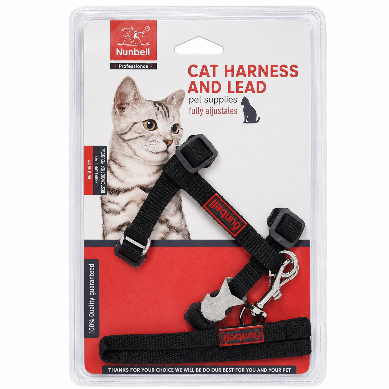 Nunbell harness & leash black fish lock for cat