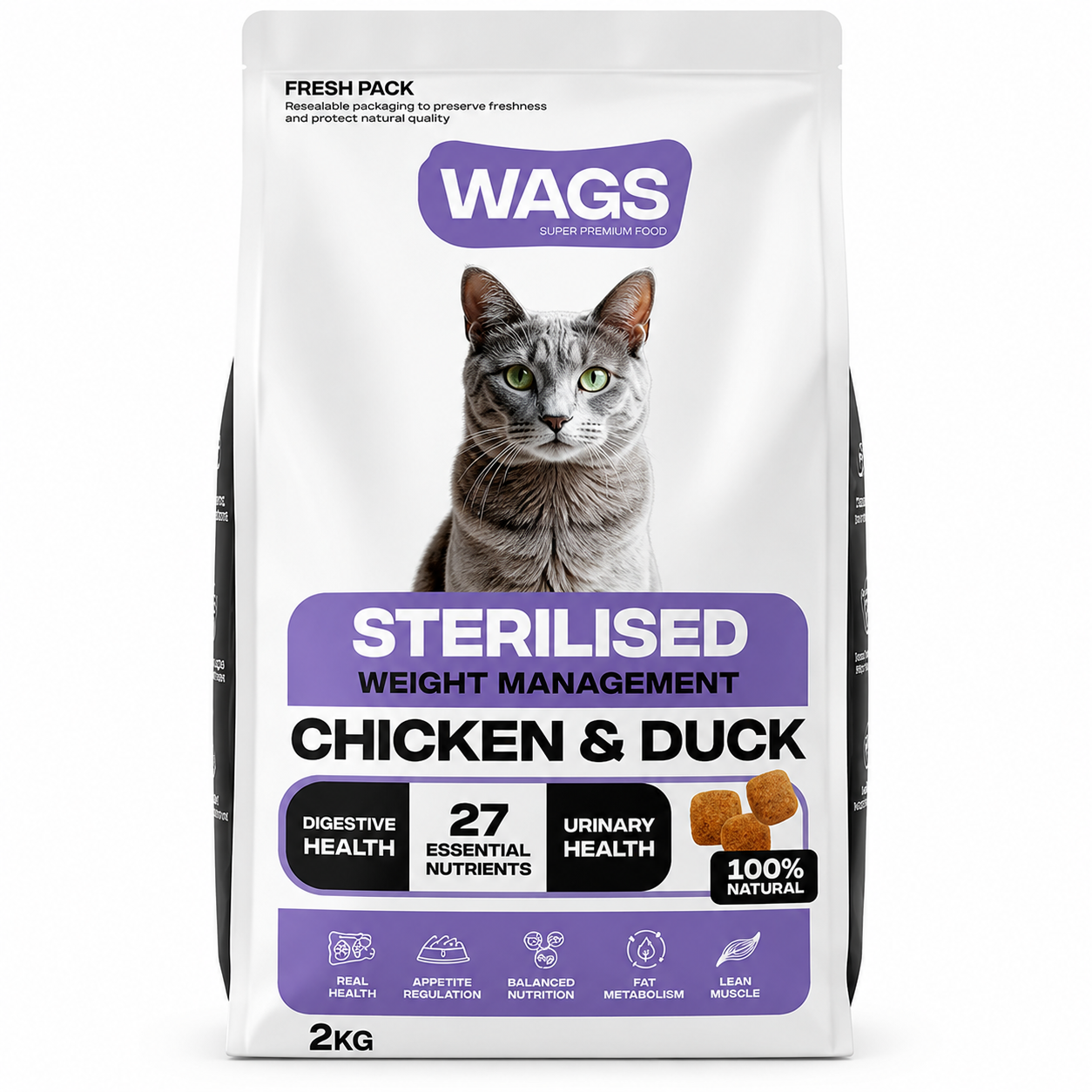 Wags Dry Food with Chicken & Duck for sterilized Cats 2kg