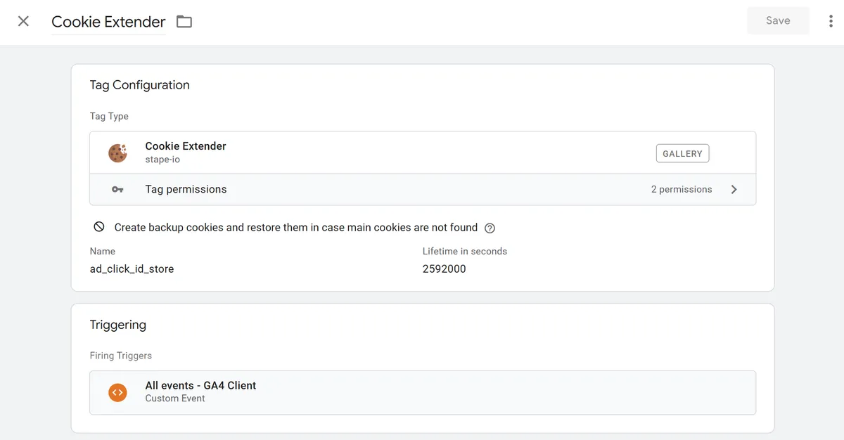 sGTM tag setup for Stape's Cookie Extender for the 'ad_click_id_store' cookie