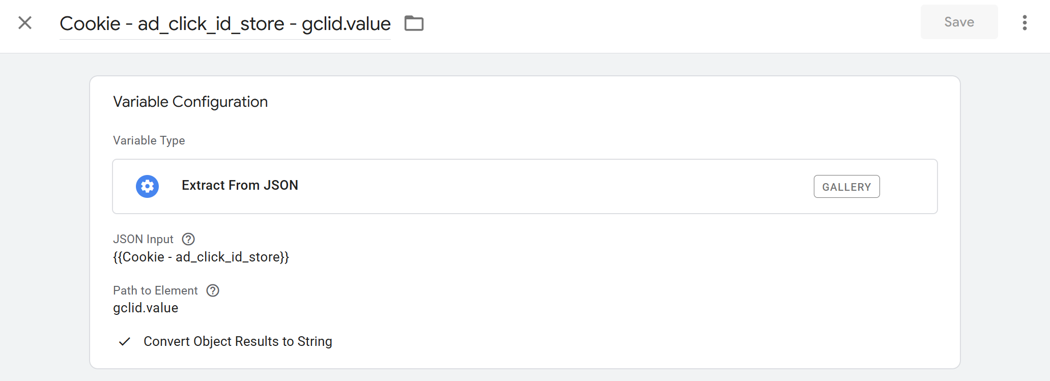 The Extract From JSON sGTM variable in action for gclid.value