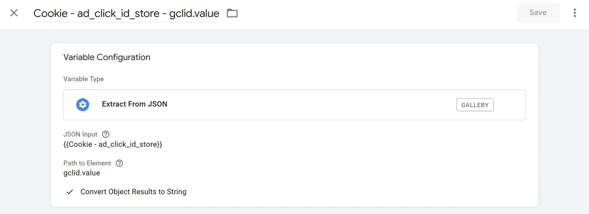 The Extract From JSON sGTM variable in action for gclid.value
