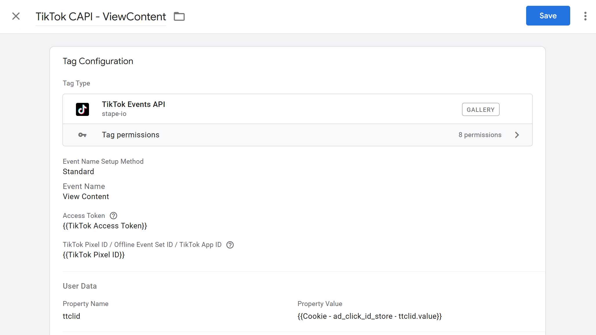 TiTok tag from Stape, filled with ttclid from the cookie as a variable