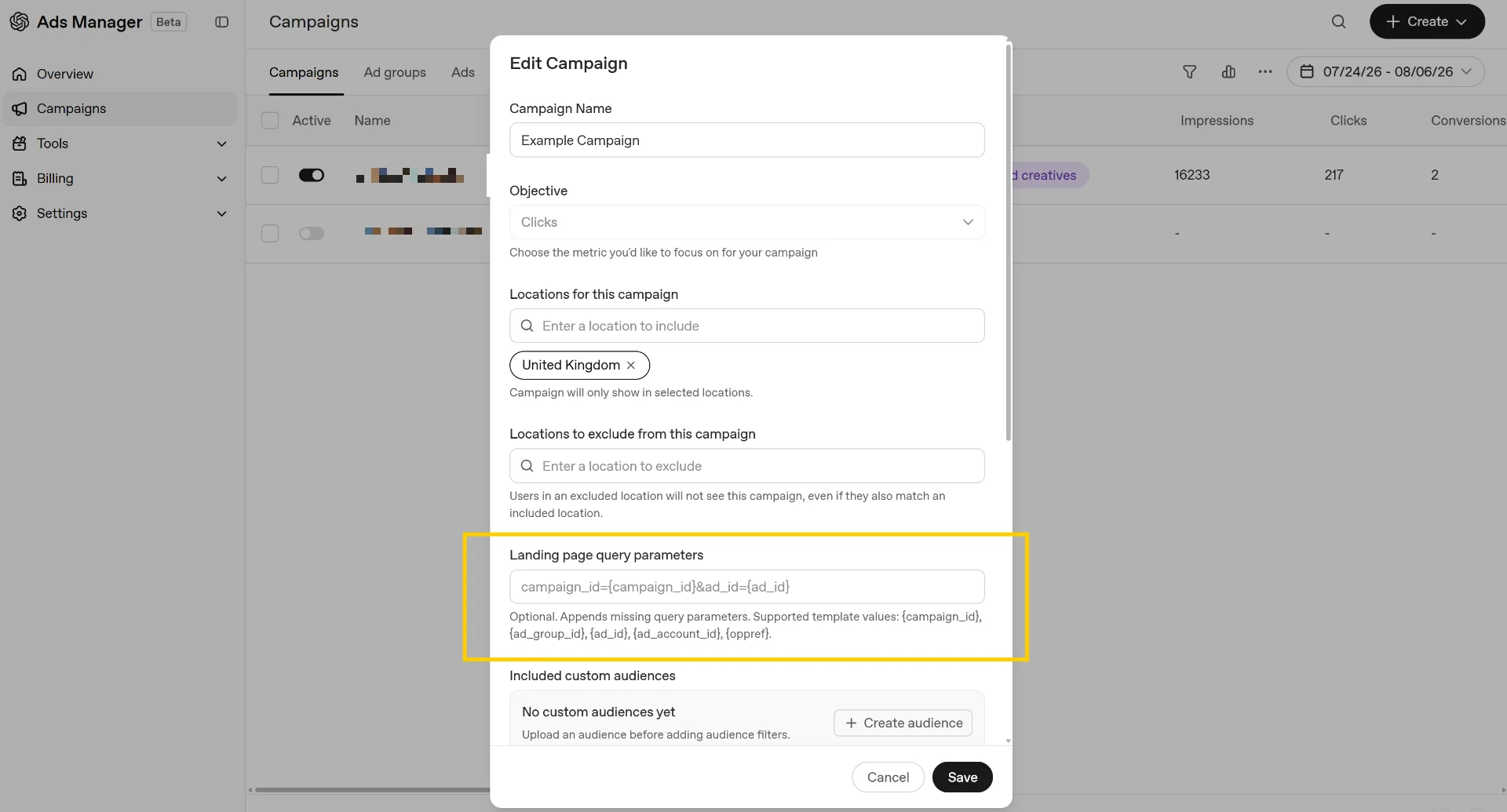 The Landing page query parameters field in the OpenAI Ads Edit Campaign modal