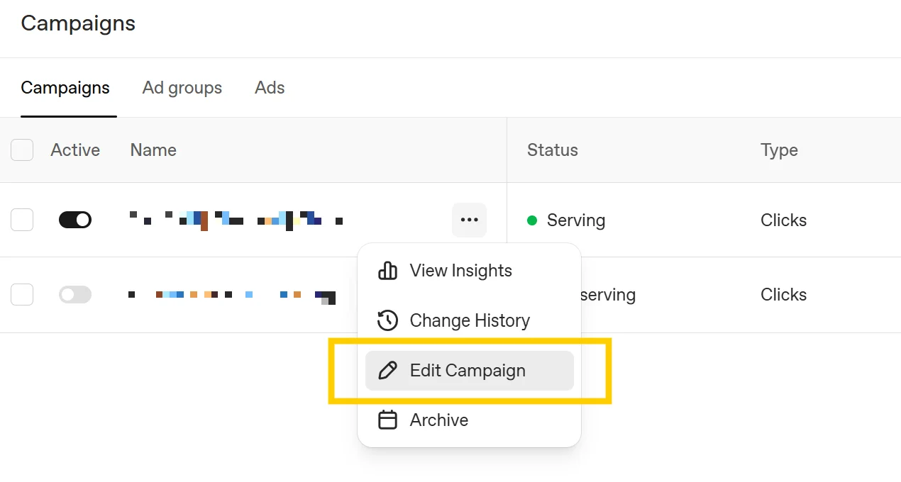 OpenAI Ads Manager - campaign options menu with Edit Campaign highlighted