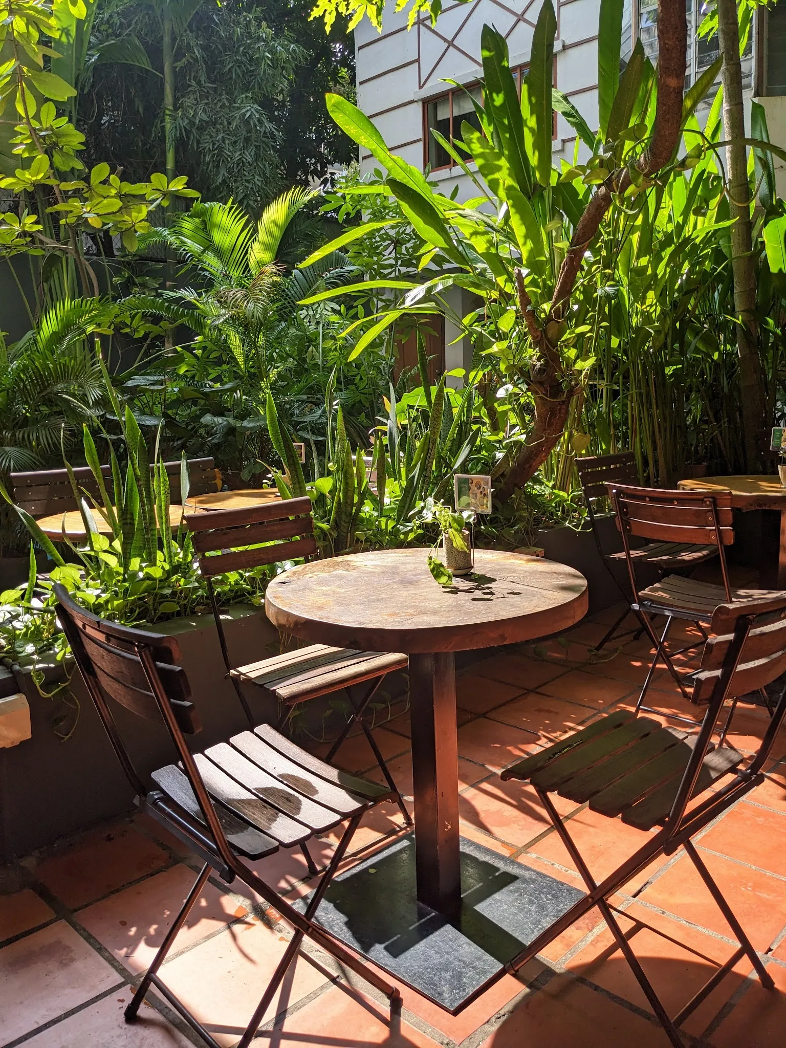 The garden dining room at Bong Bonlai, a fully vegan kitchen whose name means "Brother Vegetable"
