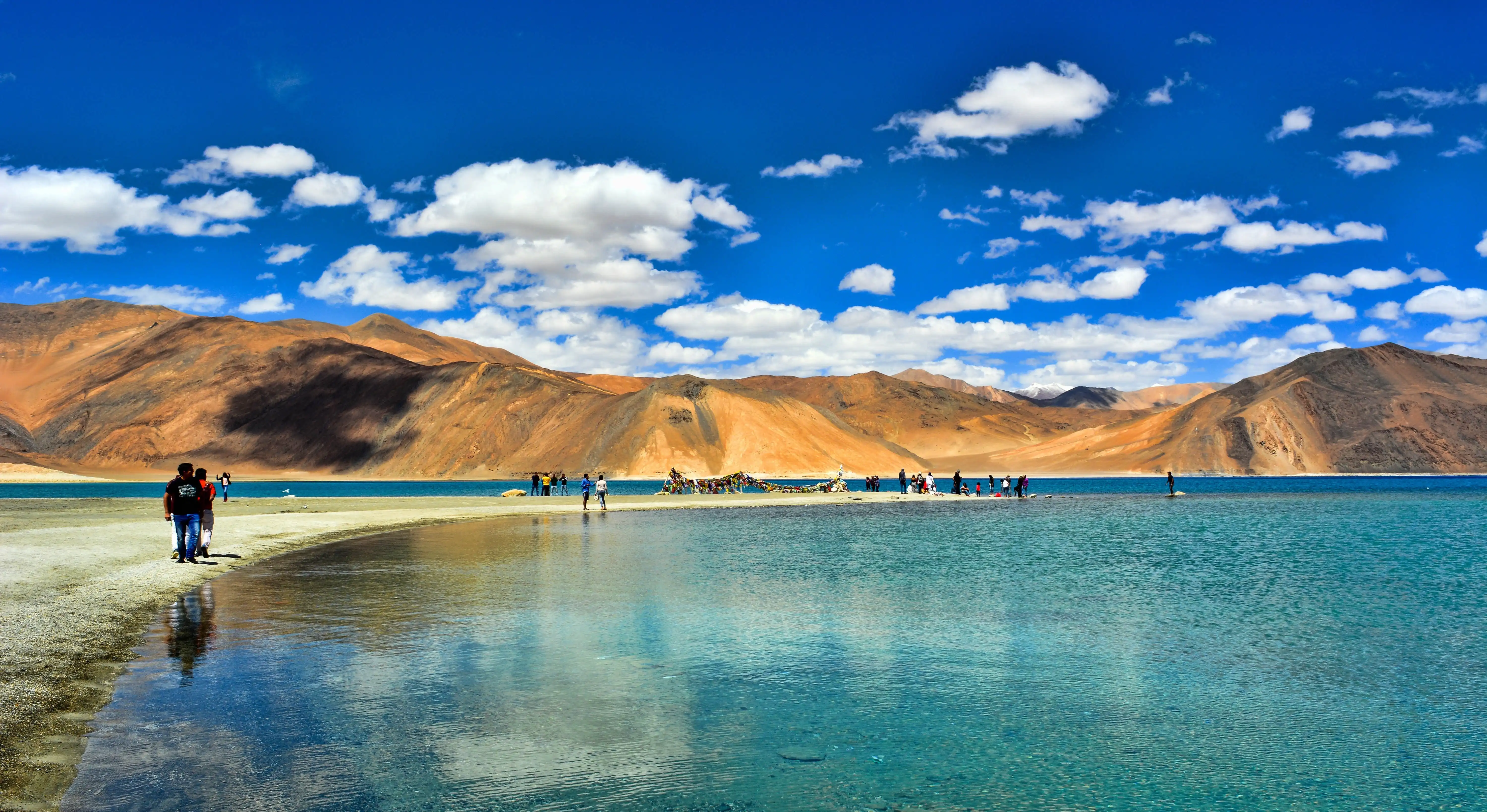 Stunning blue Pangong Lake with reflecting mountains in Ladakh