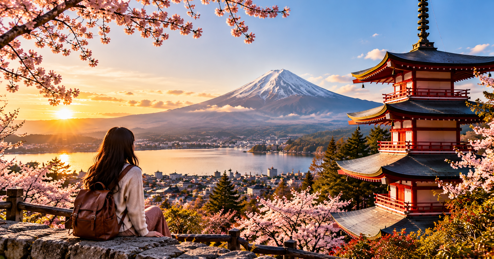 Scenic view of Mount Fuji, Chureito Pagoda, and cherry blossoms on a Japan trip from India.