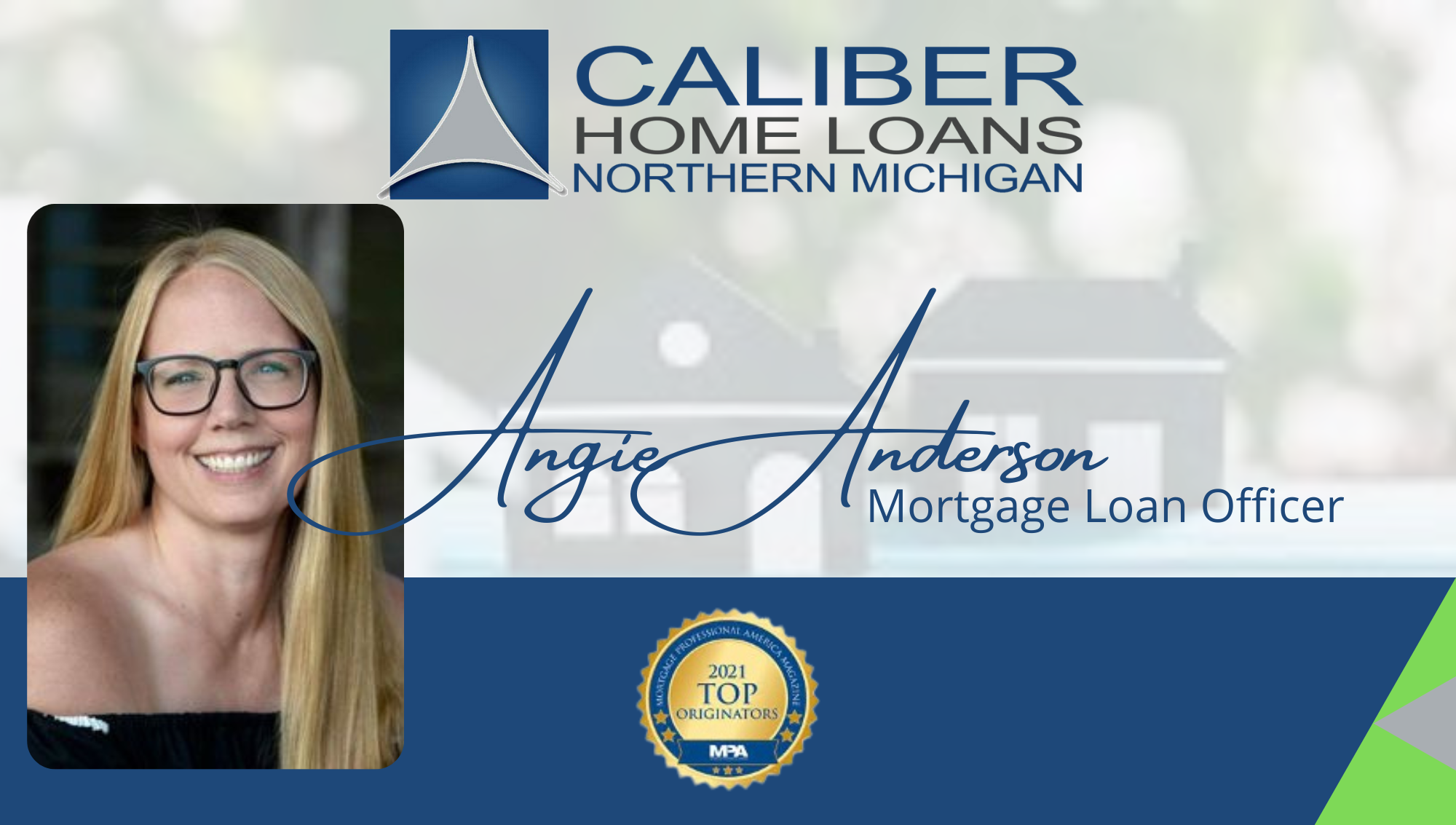 Angie Anderson - Caliber Home Loans. Specializing in Purchase Mortgage Financing, Second Home Mortgage Financing, Vacation Home Mortgage Financing, Investment Property Mortgage Financing, Down Payment Assistance, First Time Homebuyer, Self-Employed Home Buyer, Debt Consolidation. FHA, VA, MSHDA, Conventional, Jumbo, USDA Mortgage Loans. 