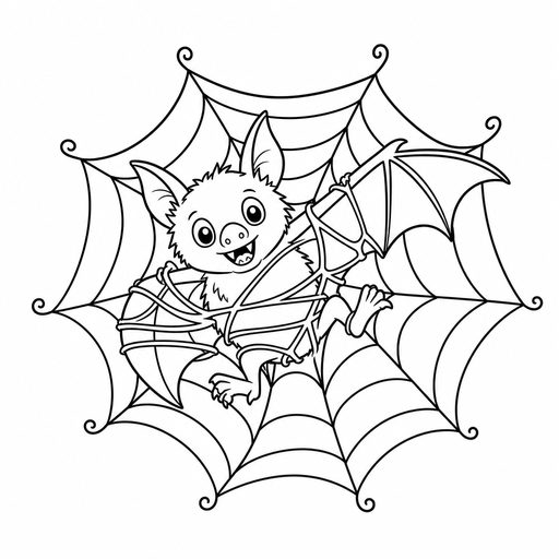 Bat tangled in a spiderweb coloring page