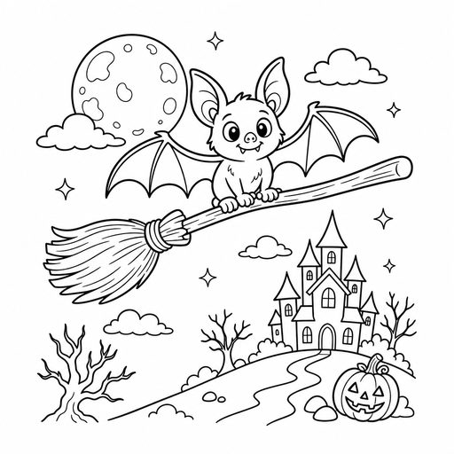 Bat riding a witch's broomstick coloring page