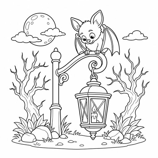Bat perched on a lantern hook coloring page