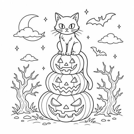 Black cat perched on pumpkins coloring page
