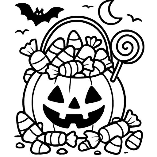 Overflowing Halloween candy bucket coloring page