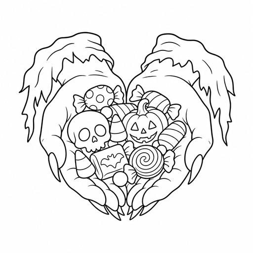 Handful of Halloween candy coloring page
