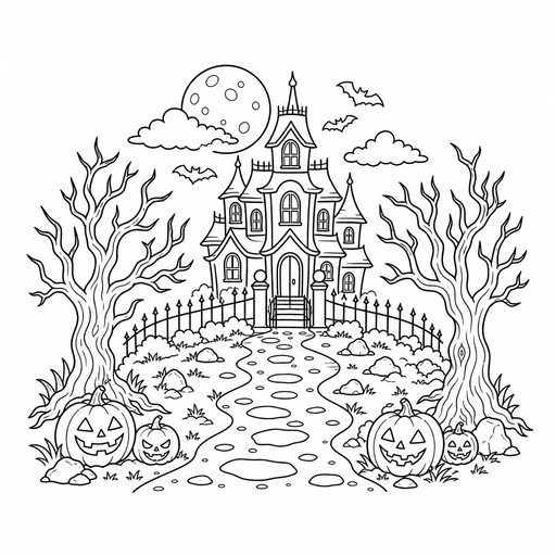 Path leading to a haunted house coloring page