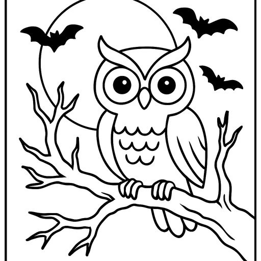 Owl perched on a branch at night coloring page