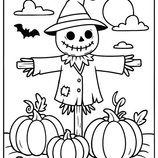 Scarecrow standing in a pumpkin patch coloring page