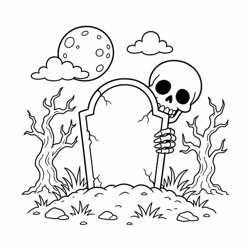 Skeleton peeking behind a tombstone coloring page