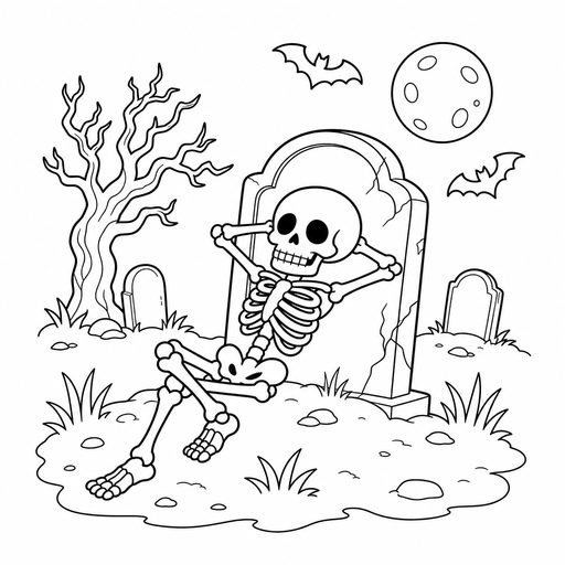 Skeleton relaxing against a tombstone coloring page