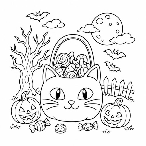 Black-cat-shaped trick-or-treat bag coloring page