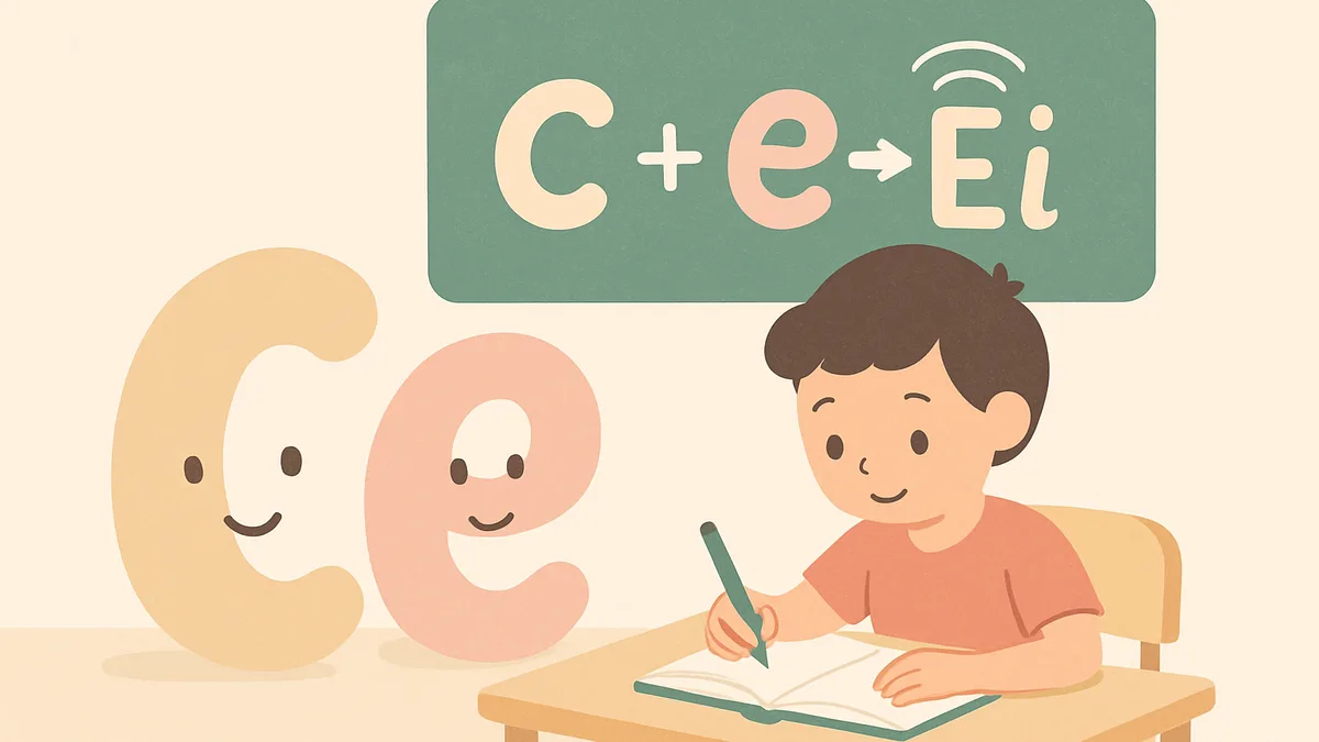 A child writing at a desk with big friendly letter shapes floating nearby