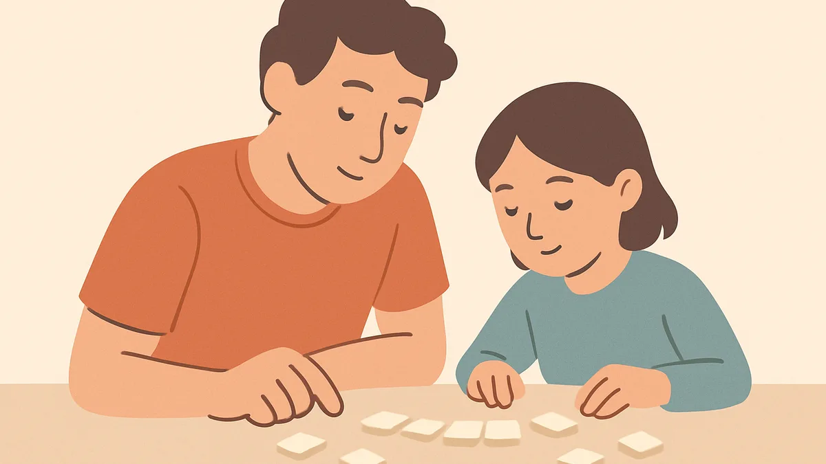 A child and parent sitting together sounding out a simple word with letter tiles on a table