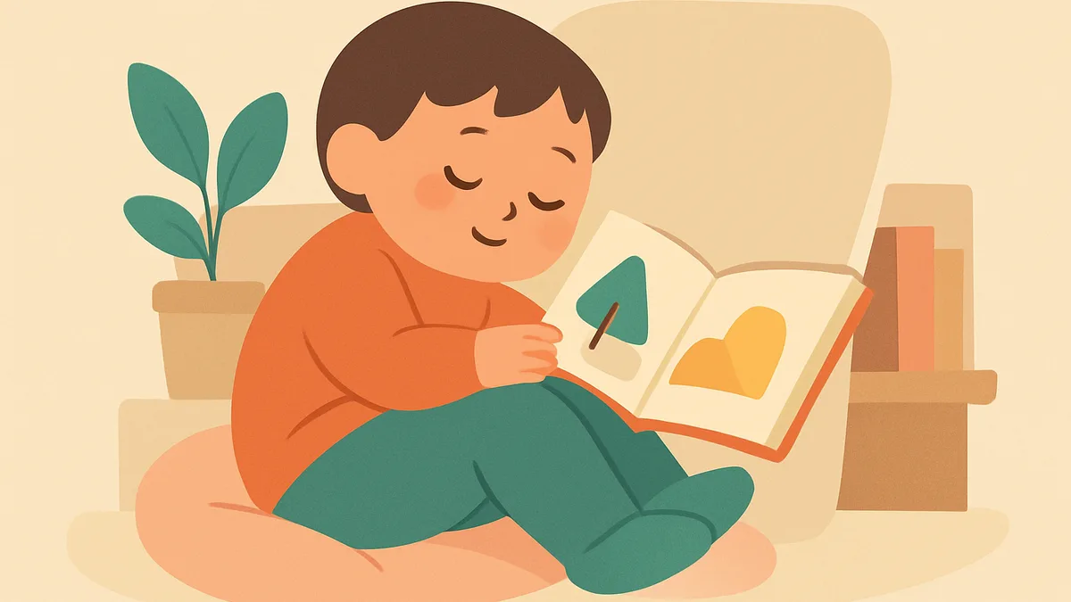 A child curled up comfortably with an easy picture book, relaxed and unpressured reading moment