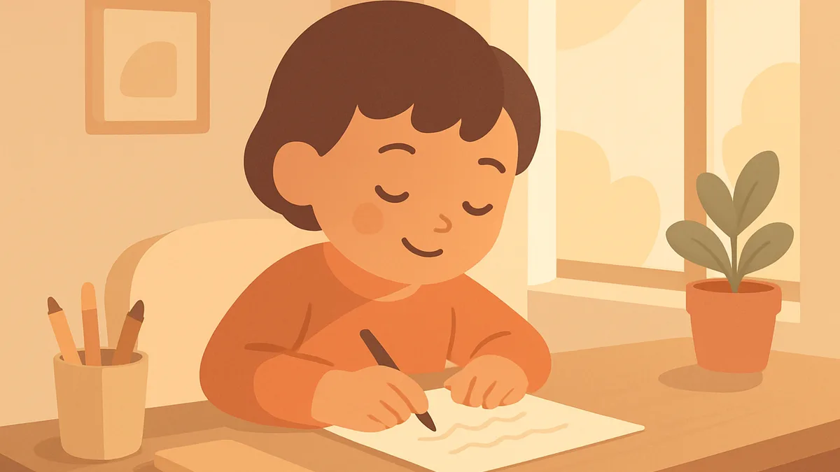 A child happily writing letters on paper at a home desk, calm and unhurried mood