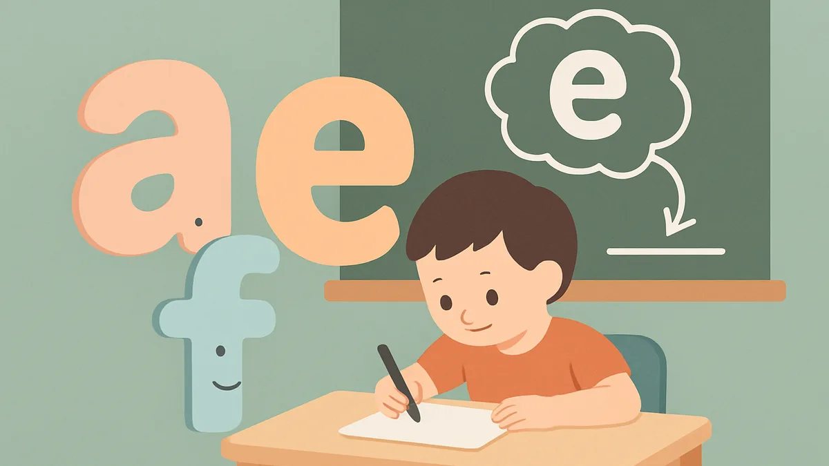 A child writing at a desk with big friendly letter shapes floating nearby