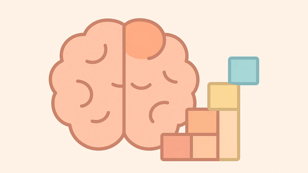 A brain icon with a highlighted section representing the sound-processing area involved in dyslexia, next to a small ladder of building blocks representing structured instruction