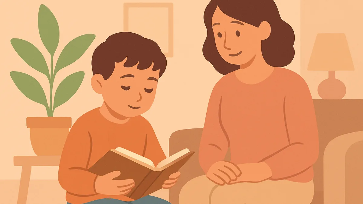 A child carefully reading a book at their own pace, calm and focused, with a supportive adult nearby