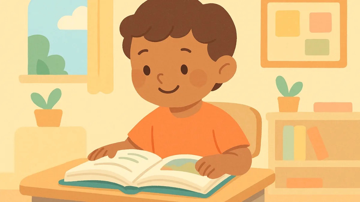 A first-grade child reading a chapter book independently at a desk