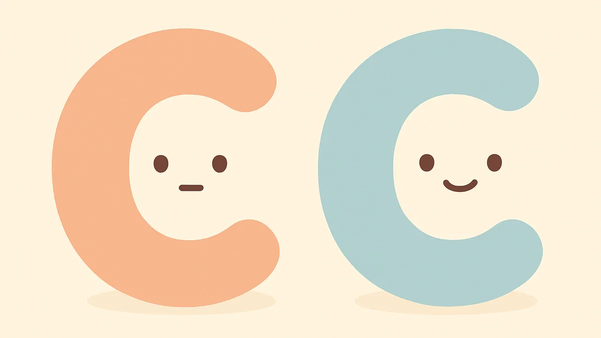 The letter C shown twice with two different friendly cartoon expressions representing its two sounds