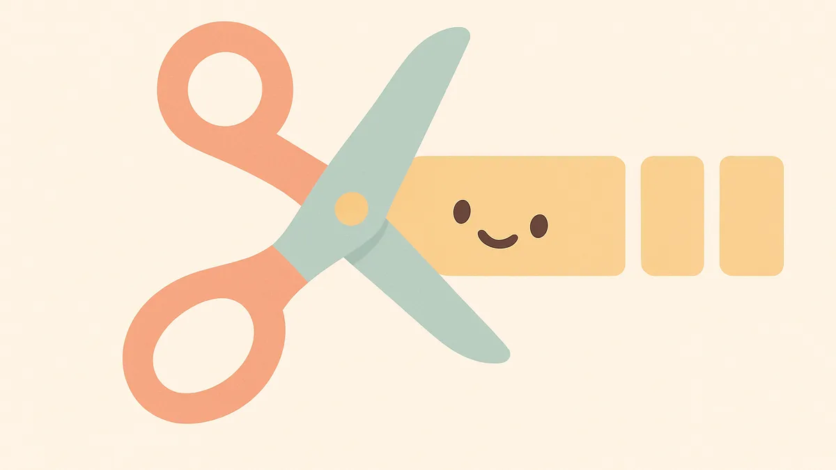 A long shape being cleanly cut into three smaller equal pieces with scissors, representing splitting a word into syllables