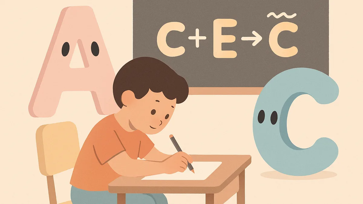 A child writing at a desk with big friendly letter shapes floating nearby