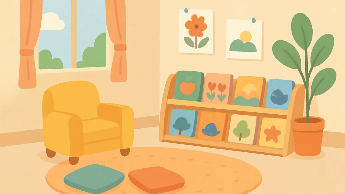 A kindergarten classroom reading corner with colorful books and a small rug