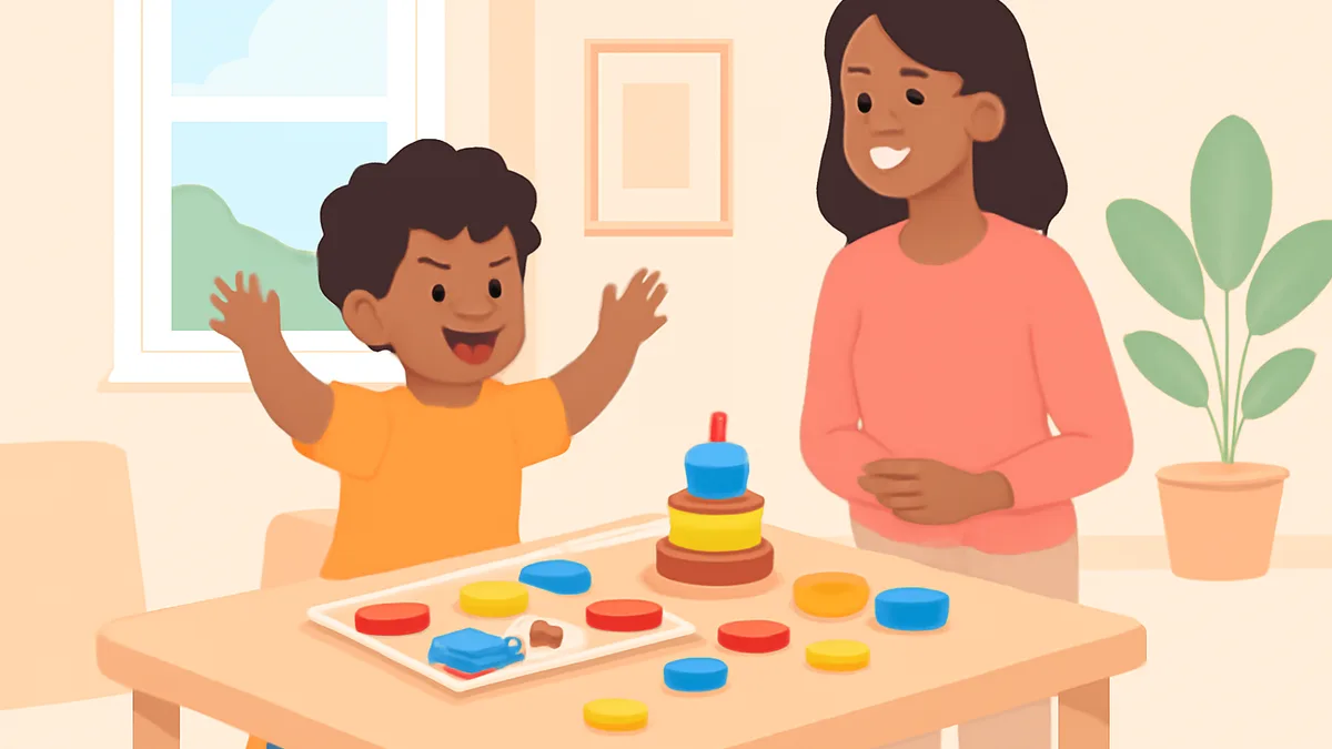 An energetic child practicing letter sounds while moving and using hands-on materials at a table