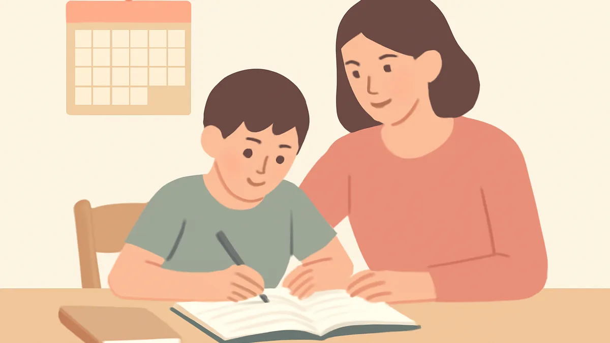 A parent and child working through a simple weekly practice routine at a home table with a calendar nearby