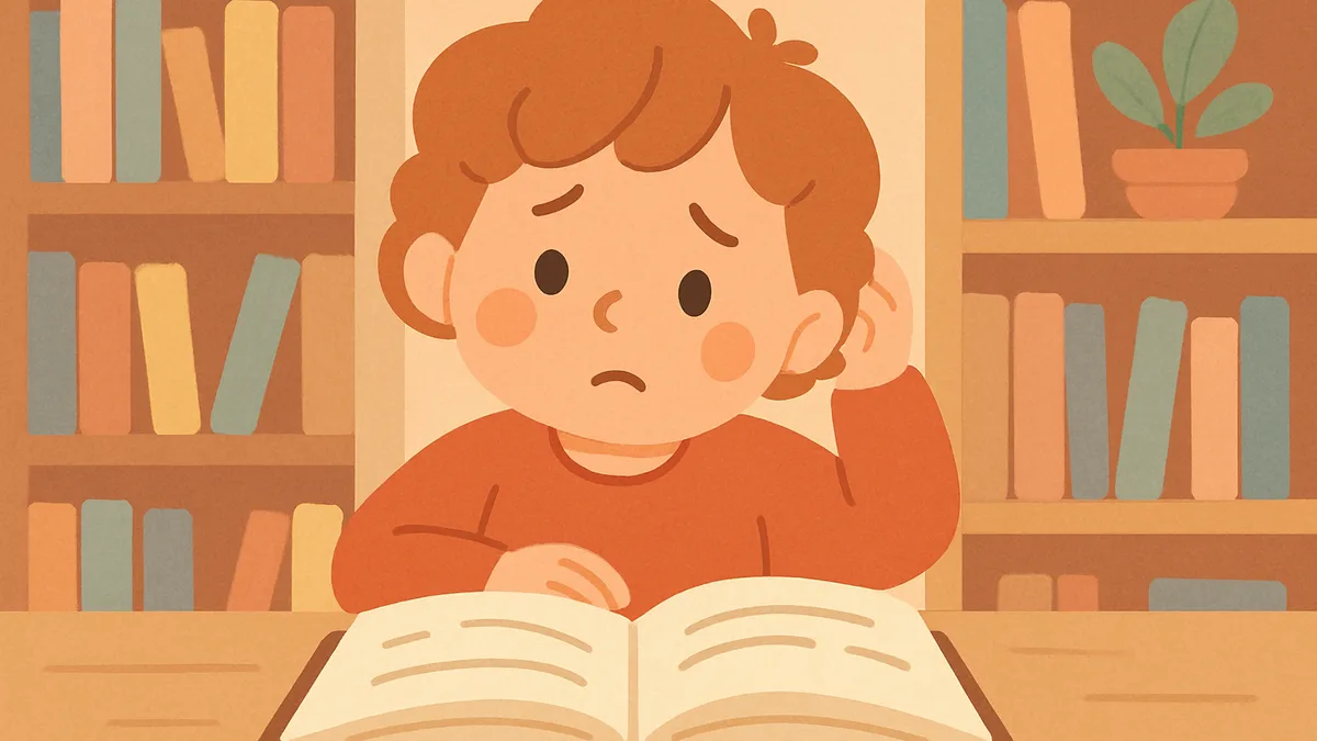 A child looking puzzled at a word with a silent letter, with a gentle question mark nearby