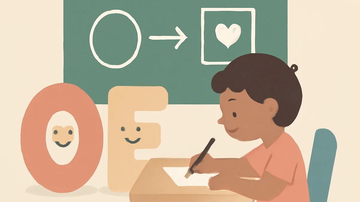 A child writing at a desk with big friendly letter shapes floating nearby