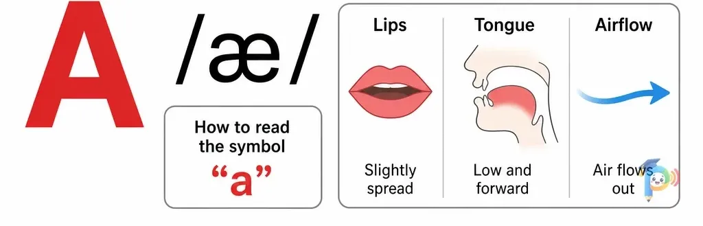 Mouth shape and articulation guide for the /æ/ sound (grapheme "a")
