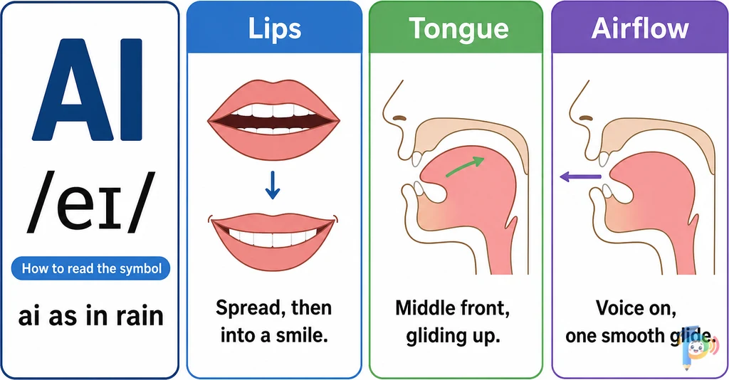 Mouth shape and articulation guide for the /eɪ/ sound (grapheme "ai")