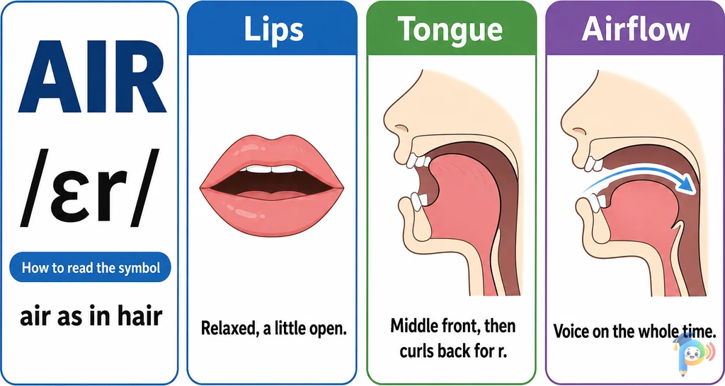Mouth shape and articulation guide for the /ɛr/ sound (grapheme "air")