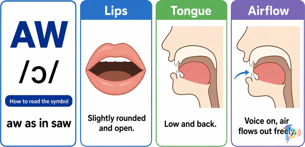 Mouth shape and articulation guide for the /ɔ/ sound (grapheme "aw")