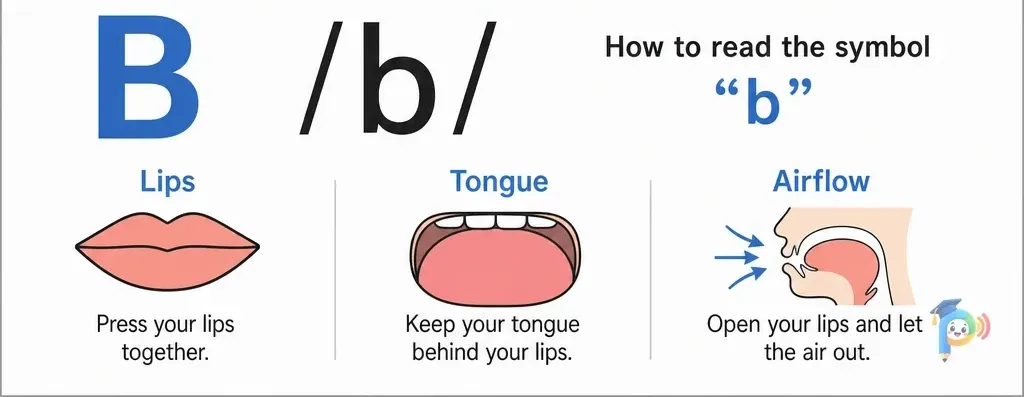 Mouth shape and articulation guide for the /b/ sound (grapheme "b")