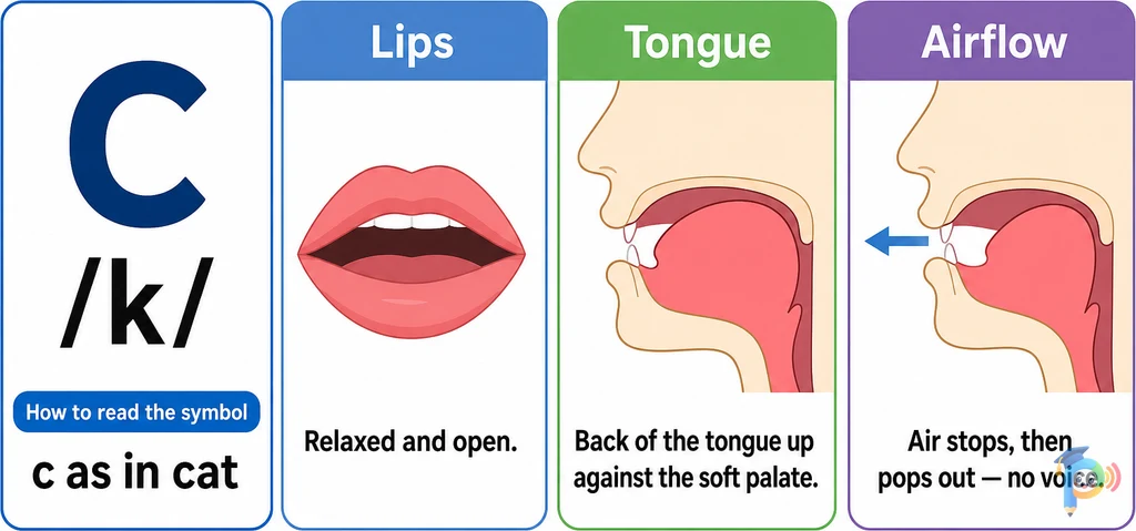 Mouth shape and articulation guide for the /k/ sound (grapheme "c")