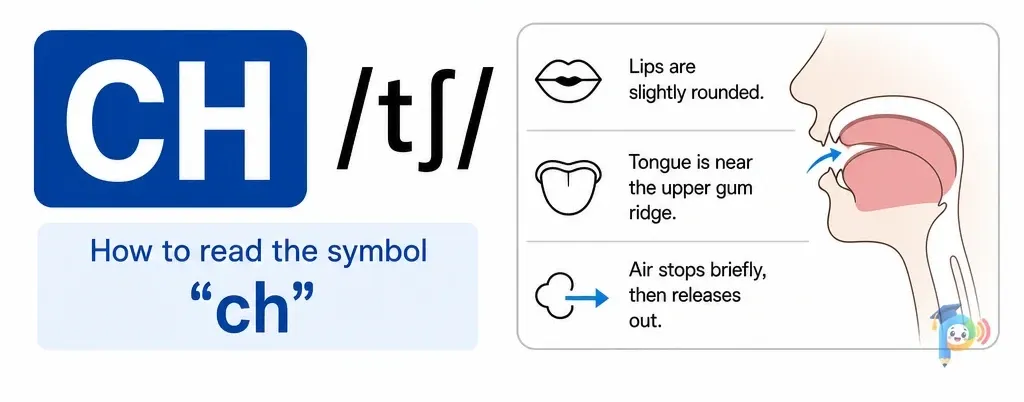 Mouth shape and articulation guide for the /tʃ/ sound (grapheme "ch")