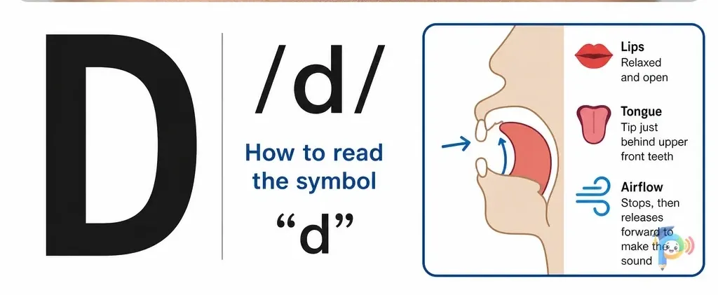Mouth shape and articulation guide for the /d/ sound (grapheme "d")