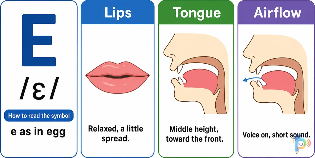 Mouth shape and articulation guide for the /ɛ/ sound (grapheme "e")
